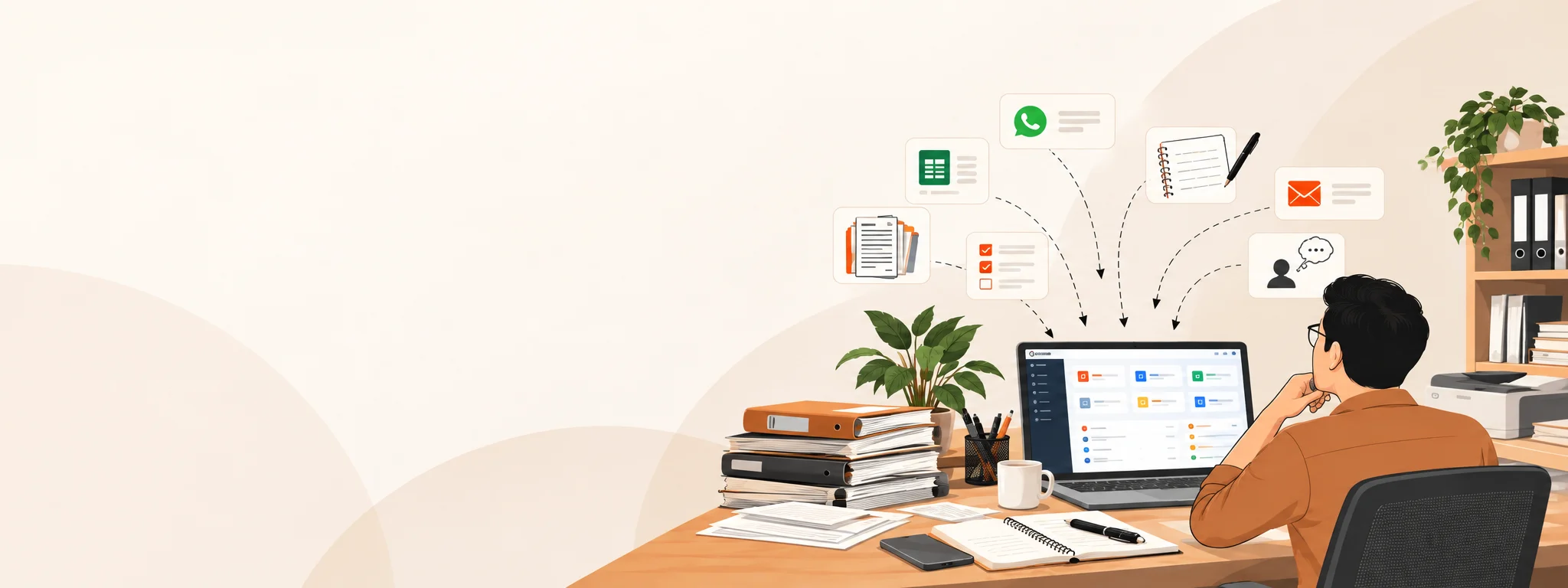 A business owner at a desk looking at one clean system on a laptop, while documents, spreadsheets, WhatsApp, email, notes and tasks flow into it