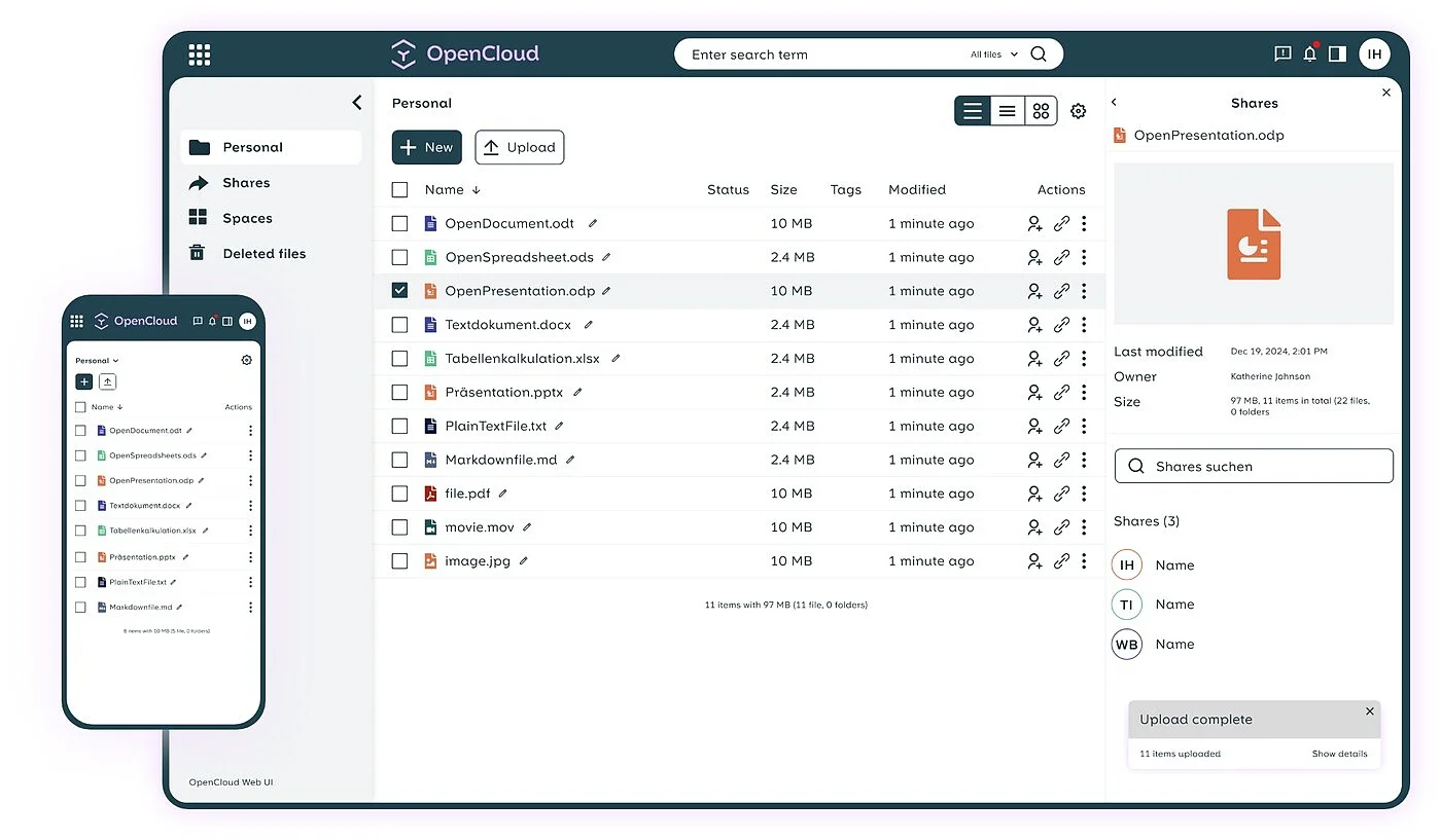 OpenCloud file manager screen used by REALOFFICE