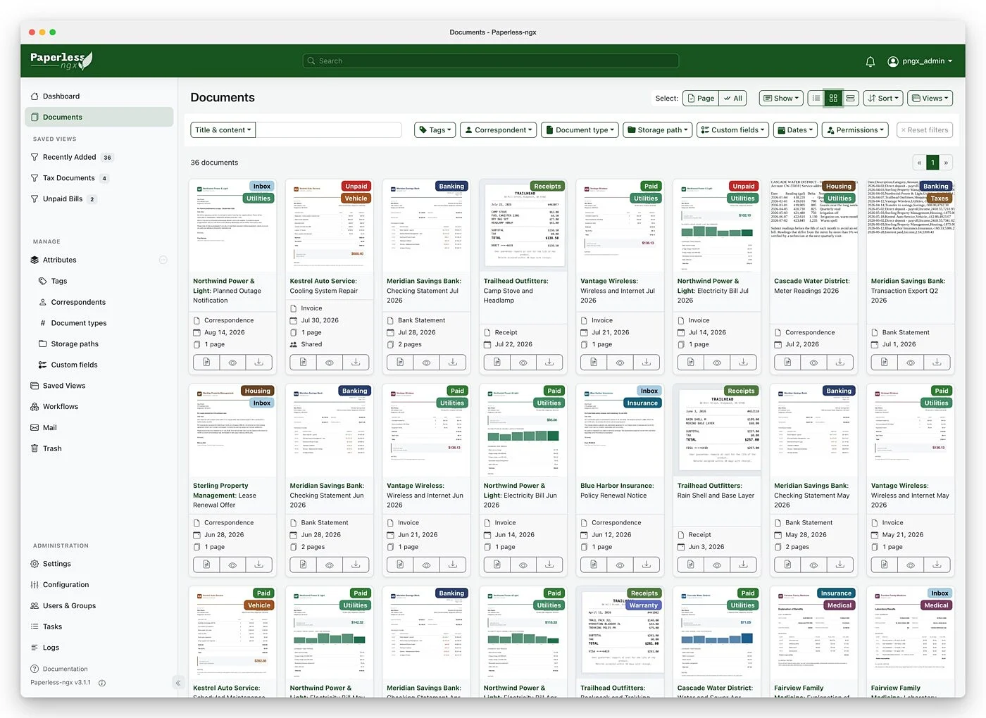 Paperless-ngx document library screen used by REALOFFICE